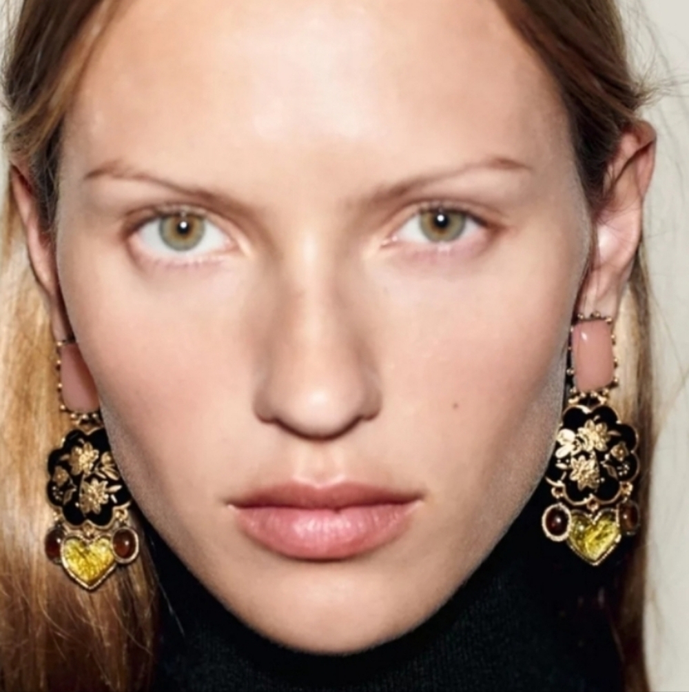 NEW! ZARA Elegant-Retro Pink Blush And Black Floral Dangle Drop Post Earrings